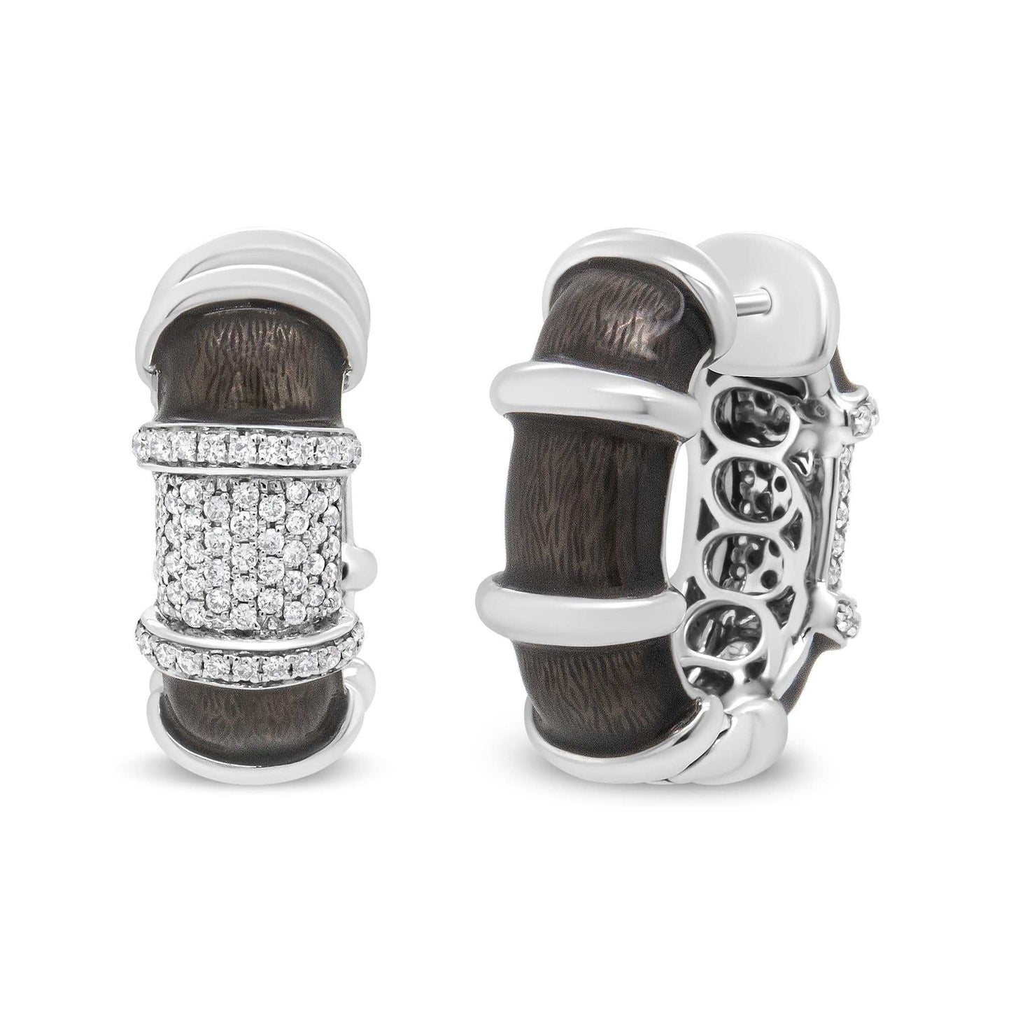 Clear graphite grey enamel huggie hoop earrings with round diamonds and 18k white gold plated sterling silver