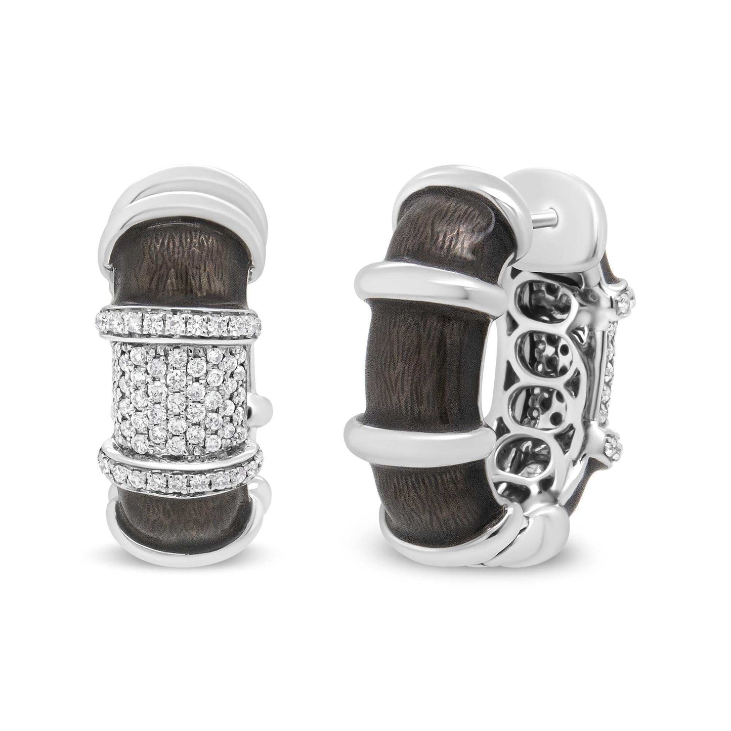 Clear graphite grey enamel huggie hoop earrings with 5/8 cttw round diamonds and 18k white gold plated sterling silver