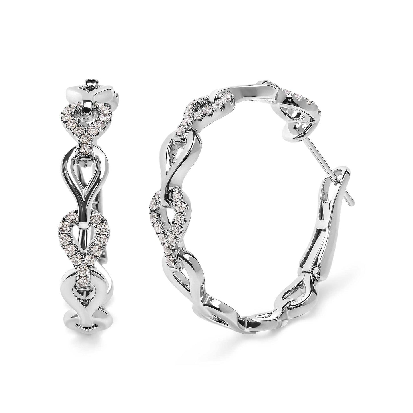 14K white gold diamond open link hoop earrings with heart design and prong-set G-H color SI1-SI2 clarity diamonds