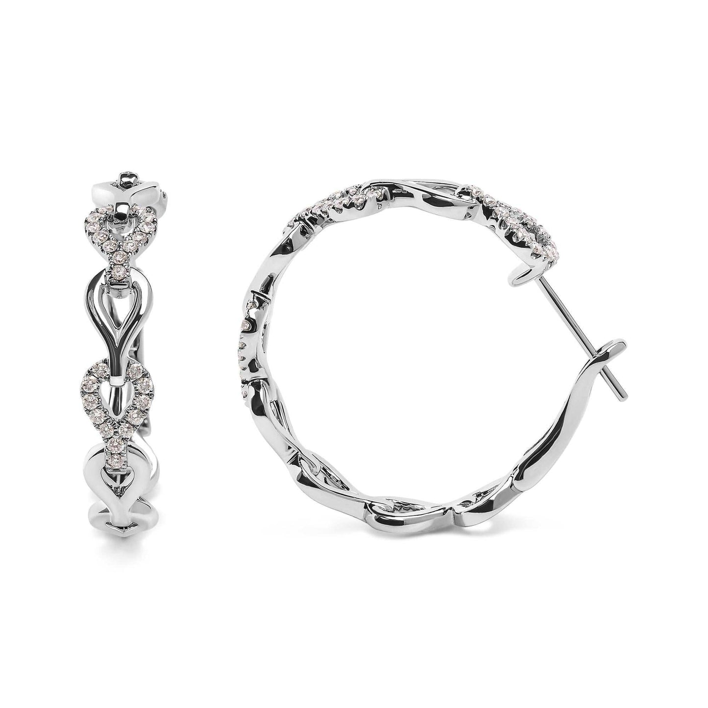 14K white gold diamond open link hoop earrings with 74 round diamonds, G-H color, SI1-SI2 clarity