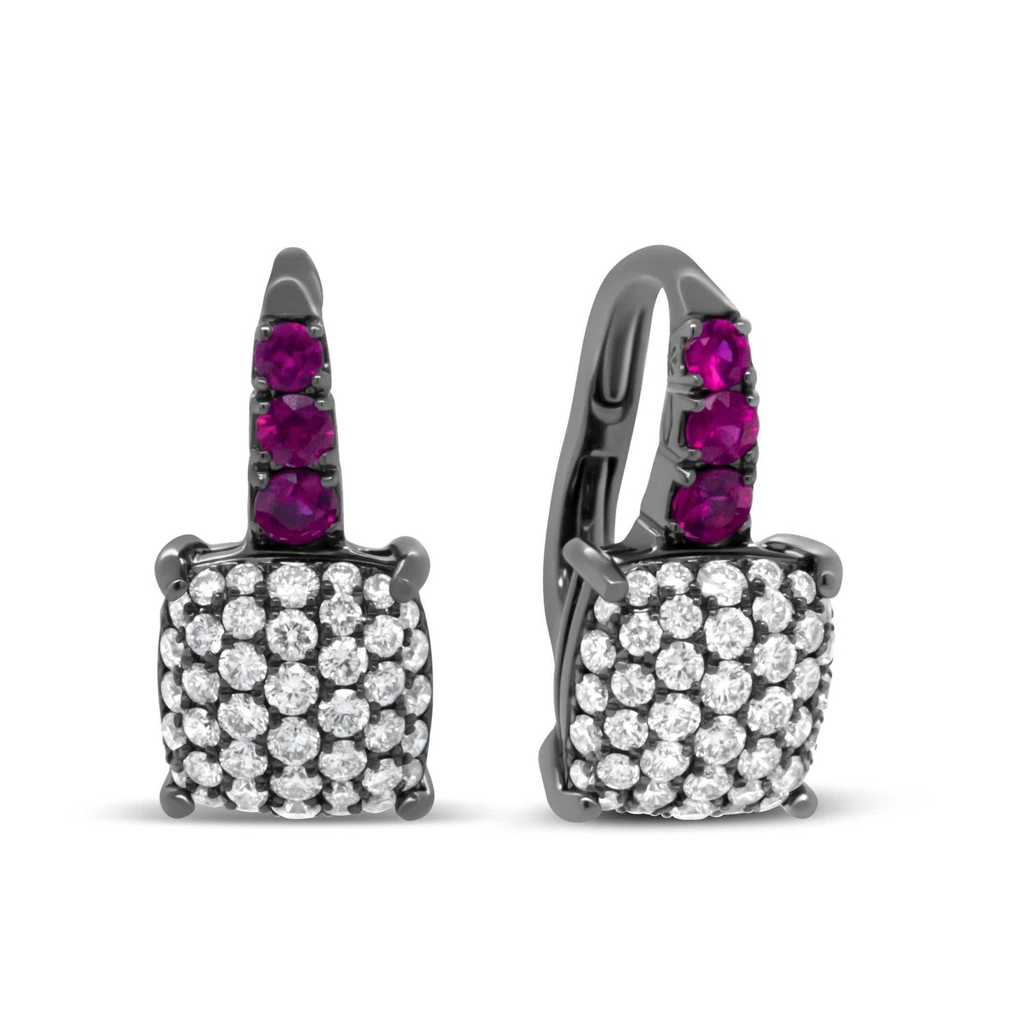 Round diamond and graduated red ruby drop earrings in black rhodium plated 18k white gold with lever backs