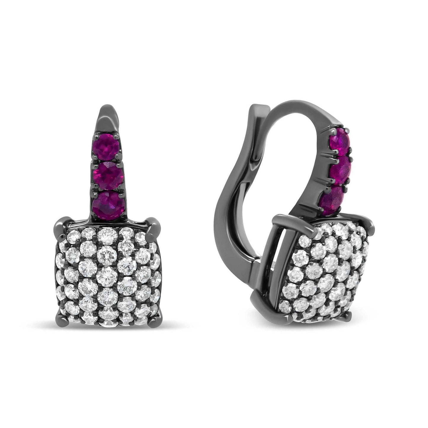 Round diamond and graduated red ruby drop earrings in black rhodium plated 18k white gold with lever backs