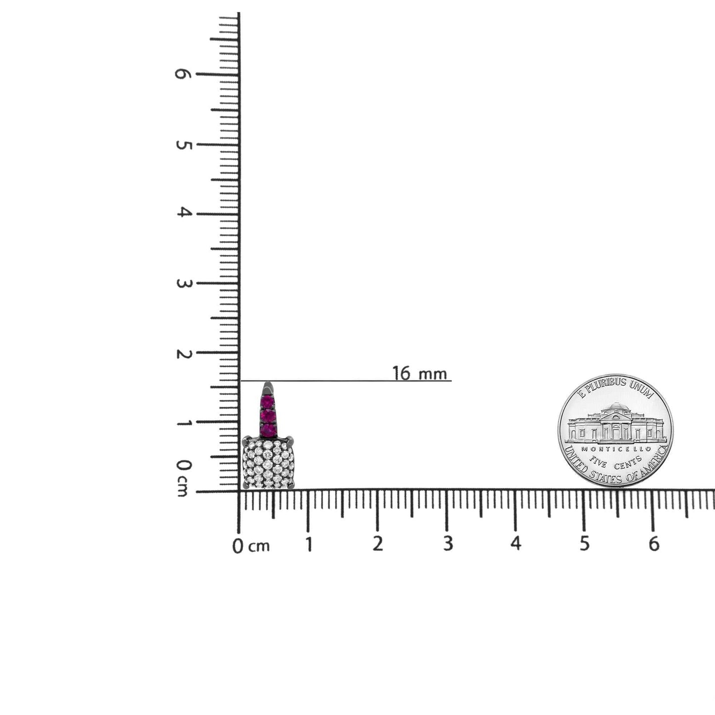 Round diamond and graduated red ruby drop earring next to rulers for size measurement, showing 16mm length.