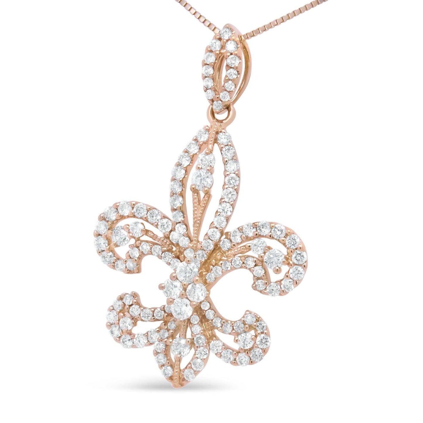 18K rose gold fleur de lis pendant with diamond accents in a delicate drop design