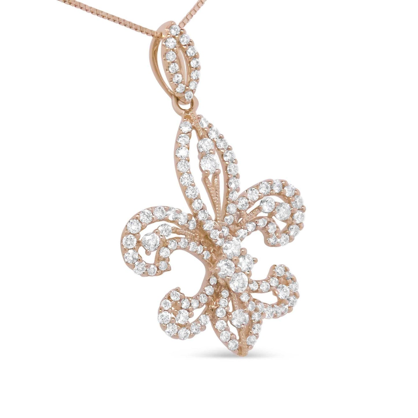 18K rose gold fleur de lis pendant with diamond accents in prong setting