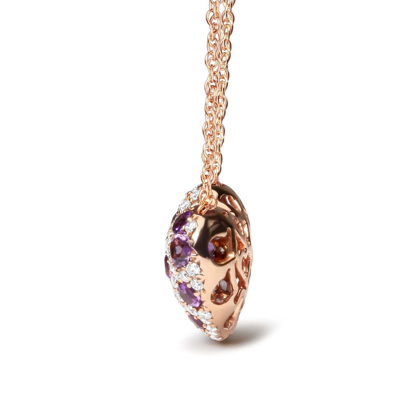 18k rose gold cluster heart shape pendant necklace with diamonds and purple amethyst on 18-inch rope chain