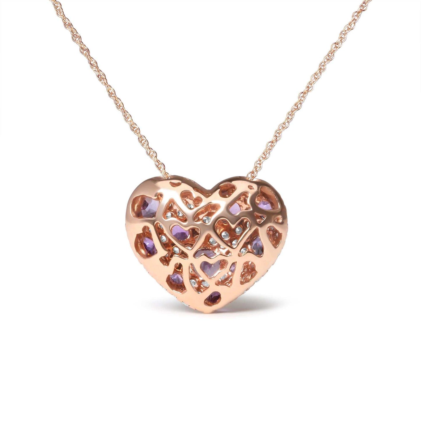 18k rose gold cluster heart shape pendant necklace with diamonds and purple amethyst on 18-inch rope chain