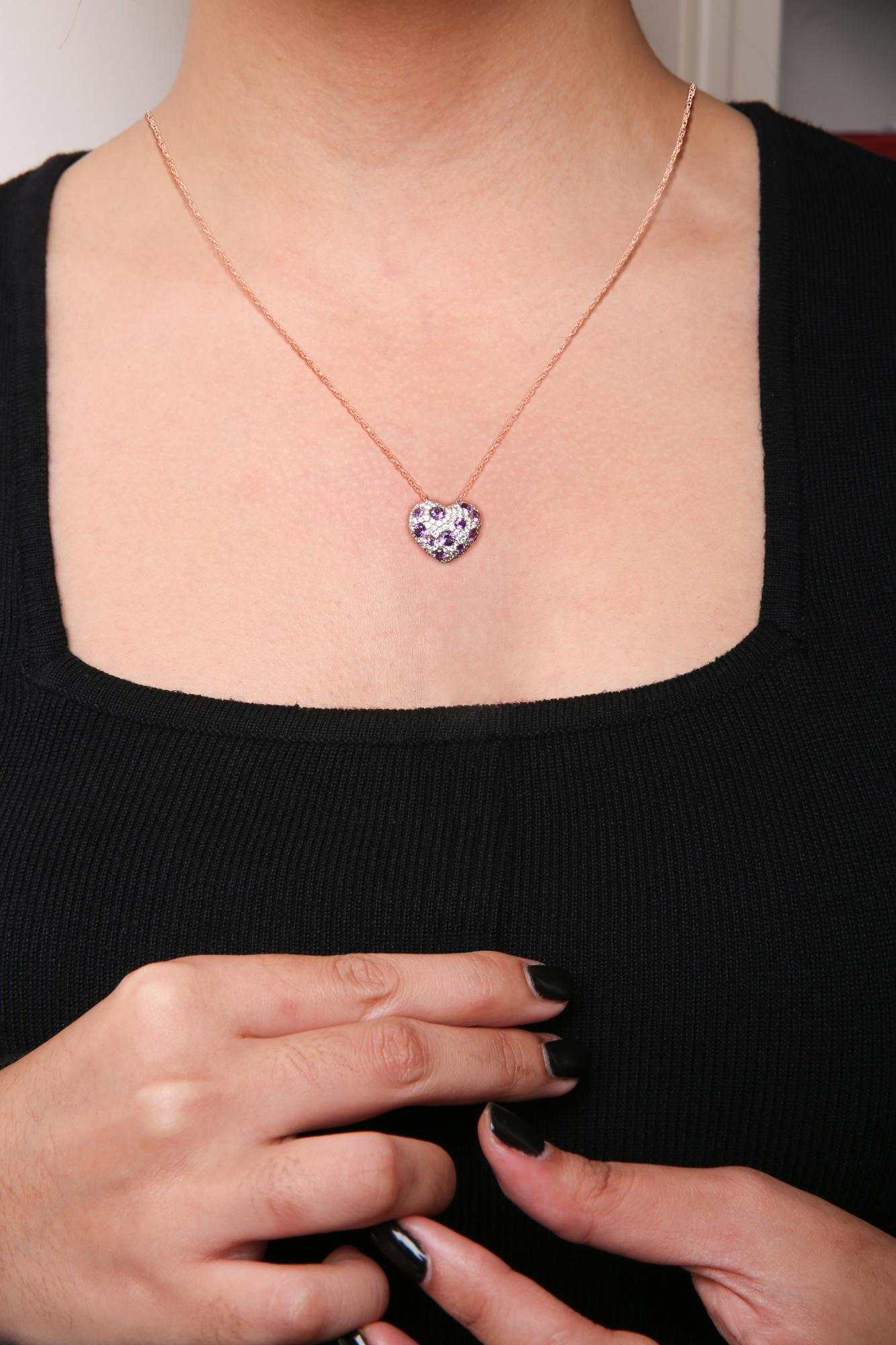 Cluster Heart Shape 18k rose gold pendant necklace with diamonds and purple amethyst gemstones on 18-inch rope chain