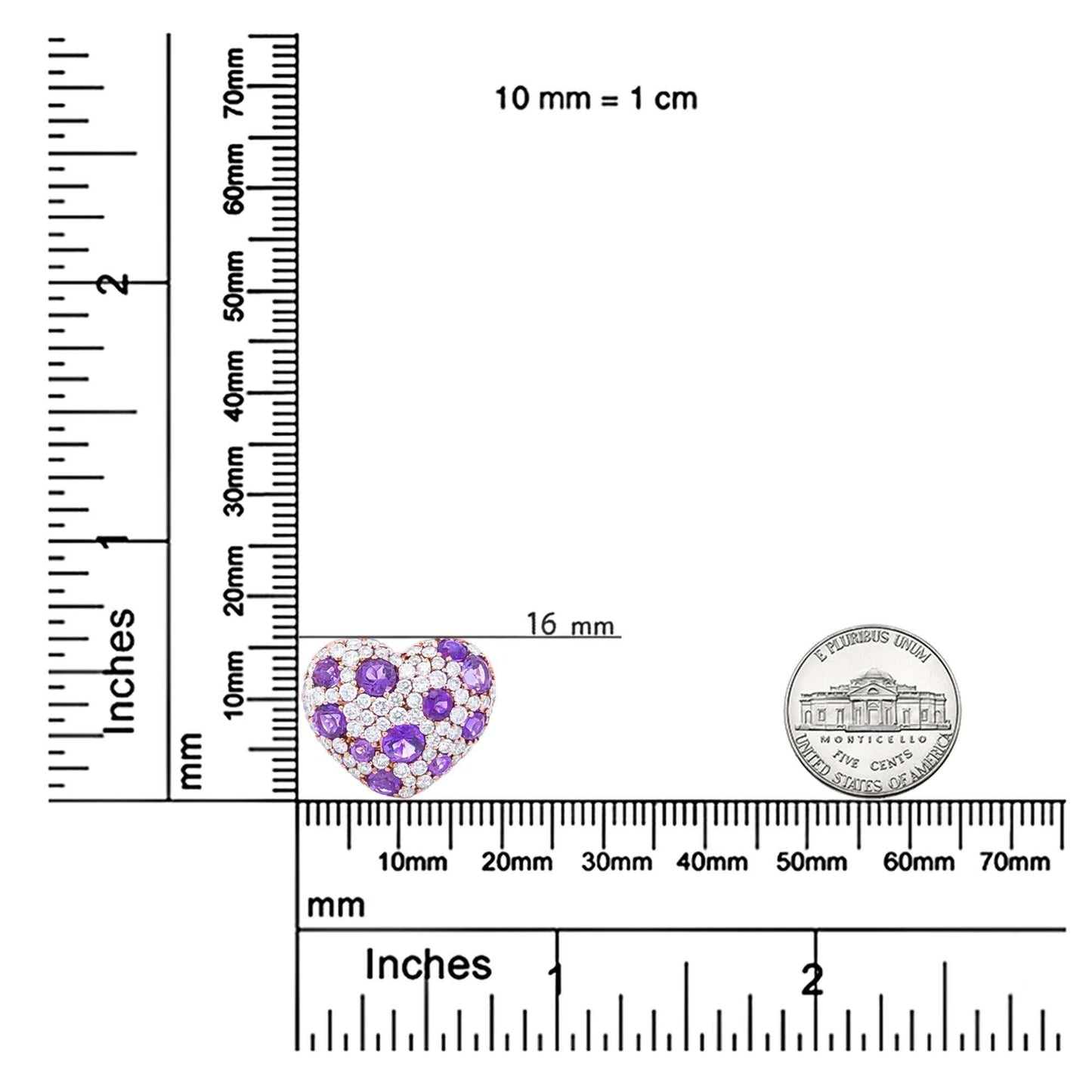 Cluster heart shape pendant necklace with diamonds and purple amethyst gemstones on 18-inch rose gold chain next to ruler and coin for size comparison
