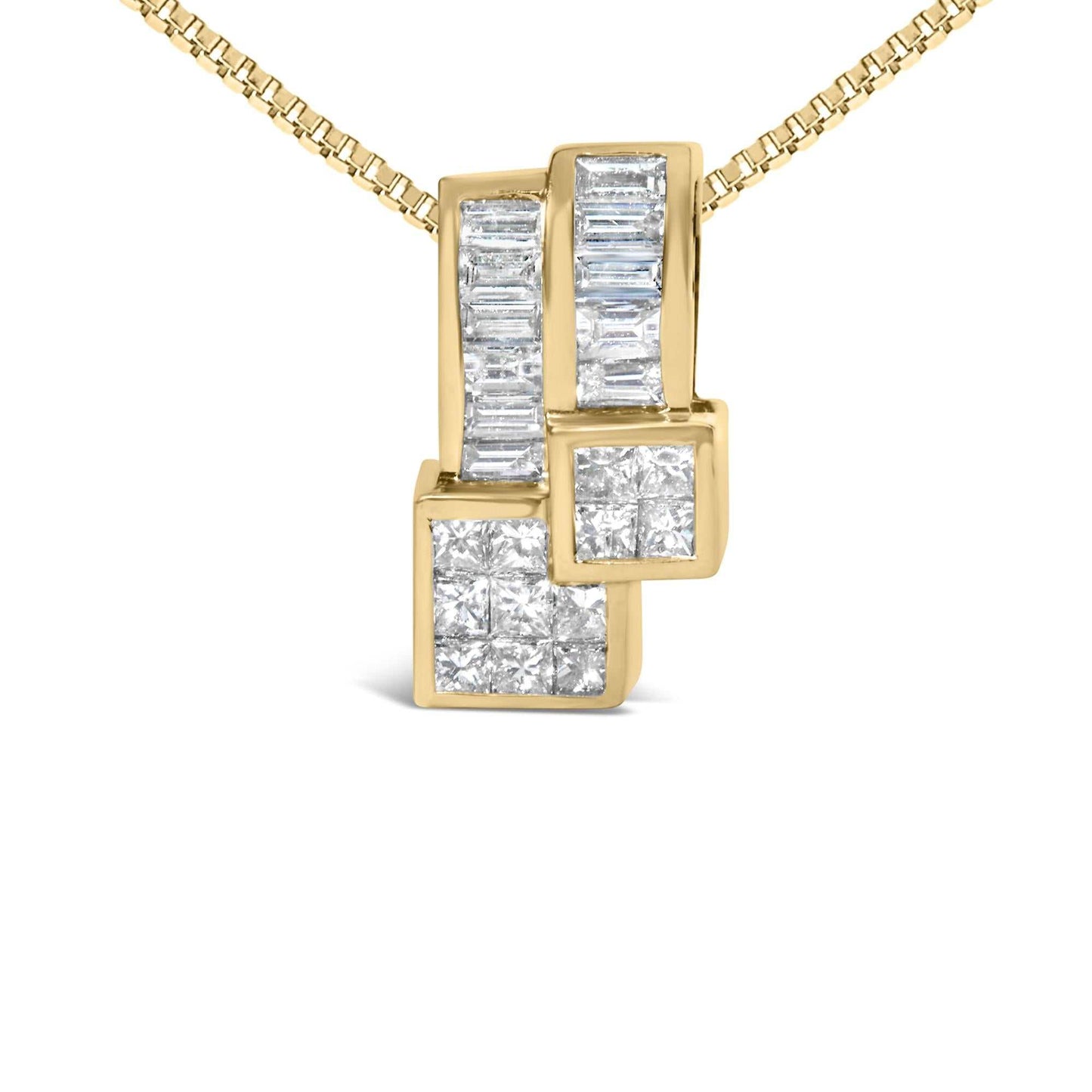14K yellow gold geometric pendant necklace with baguette and princess-cut diamonds on an 18-inch box chain