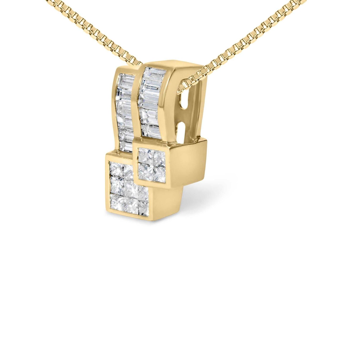 14K yellow gold geometric pendant necklace with H-I color VS1-VS2 clarity baguette and princess-cut diamonds on an 18-inch box chain