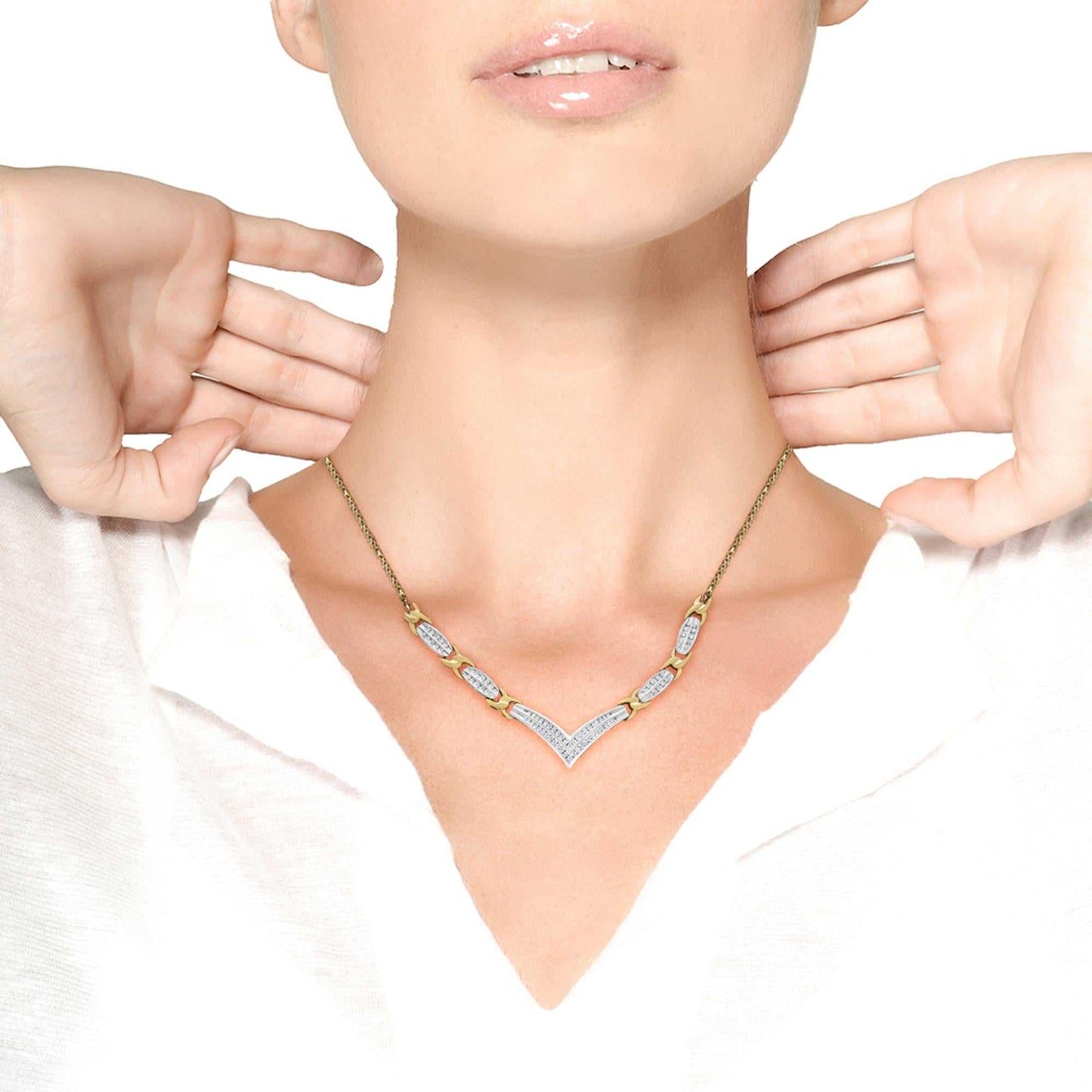 V-Shimmer Dual Gold diamond necklace with 1CTTW in 14k white and yellow gold, featuring a modern V shape and alternating yellow gold segments.