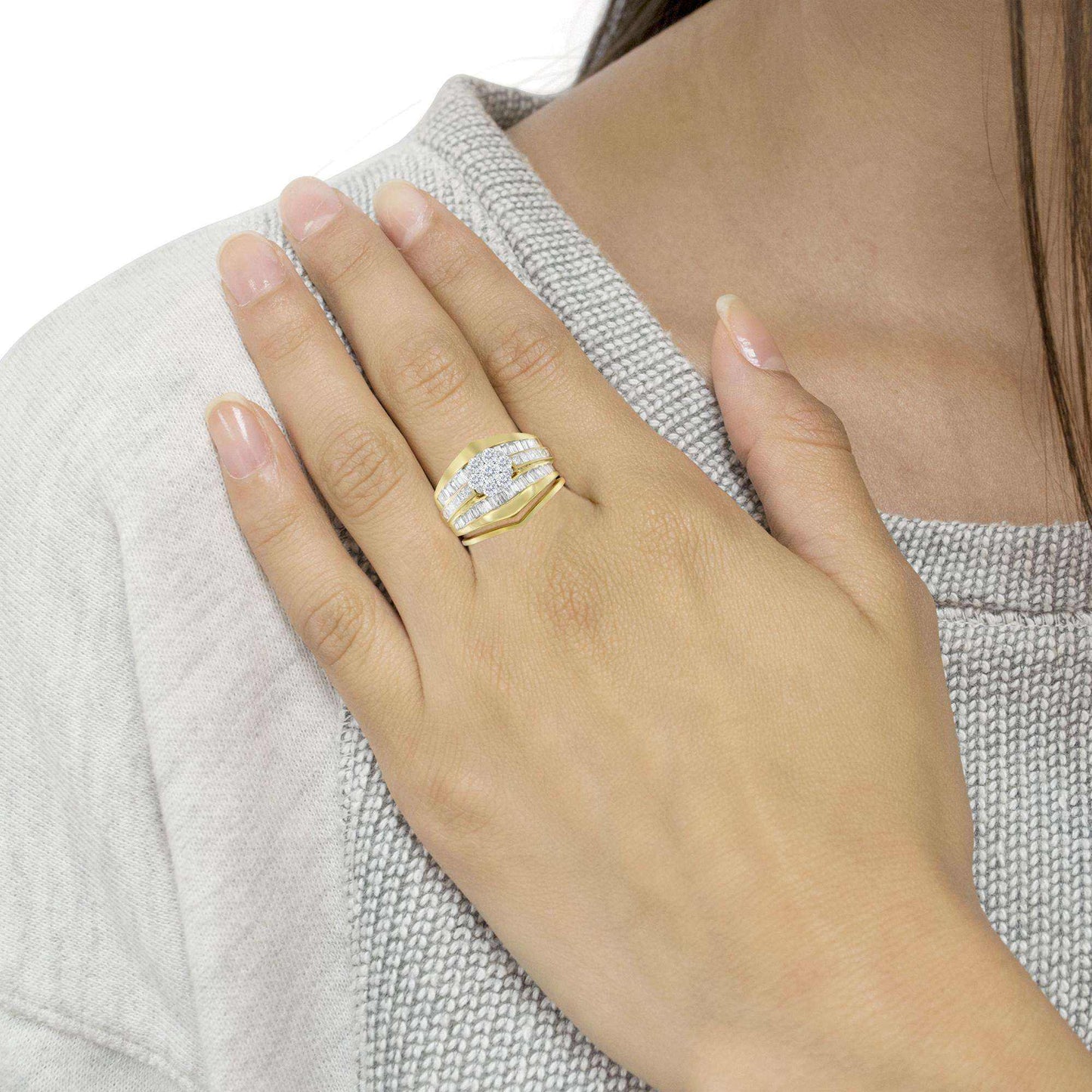 14K Yellow Gold 2-1/3 Cttw Diamond Cluster Channel Set Chevron Shaped Band Engagement Ring & Wedding Band Set (H-I Color - The Sparkling Squirrels & Co.