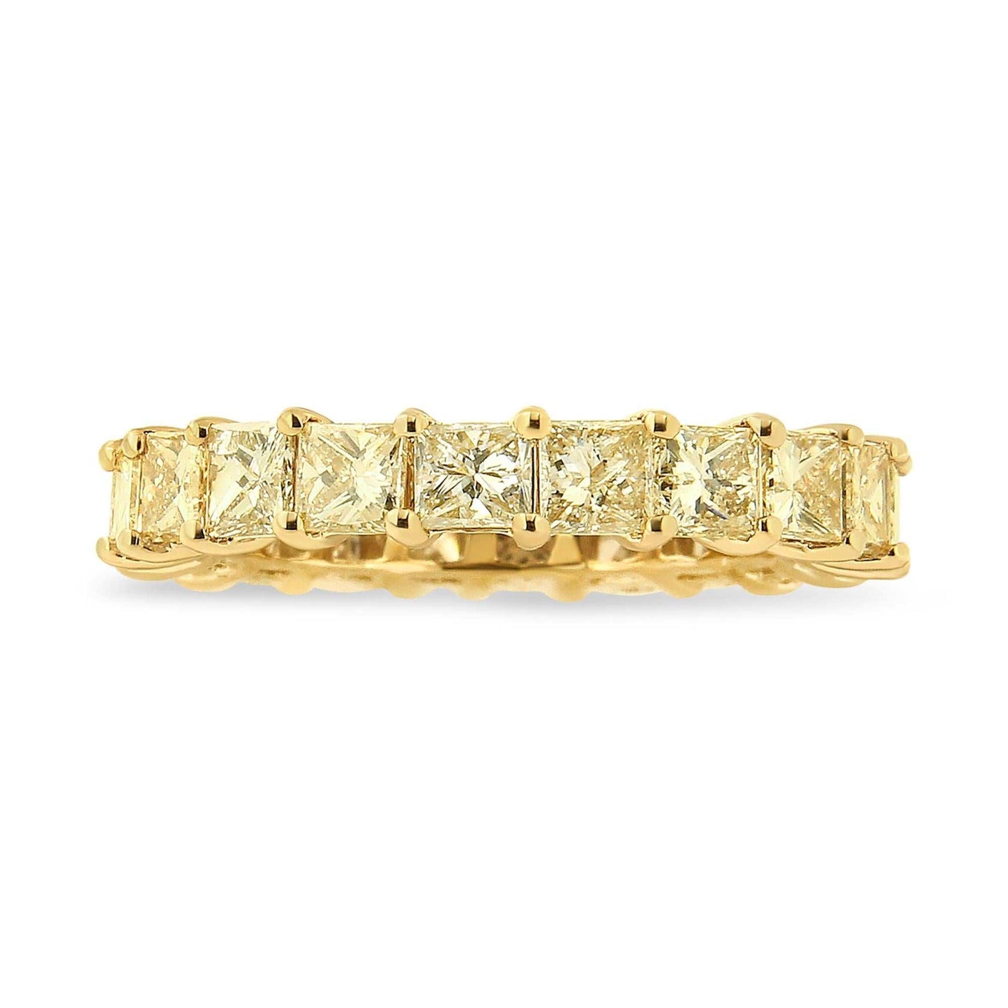 Princess cut diamond eternity band ring with 14K yellow gold shared prong setting and 4 carats of natural diamonds