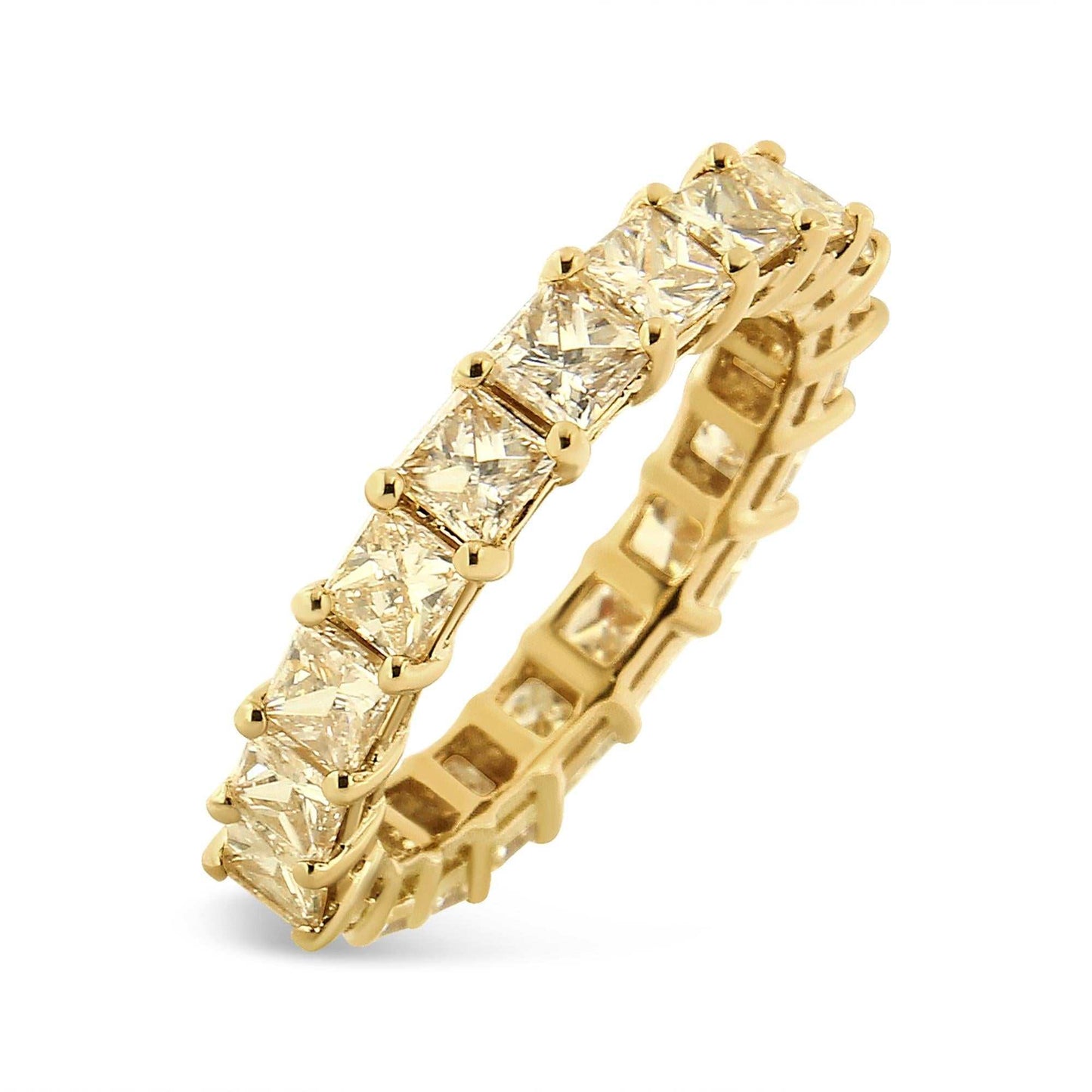 14K yellow gold eternity band ring with princess cut diamonds in shared prong setting