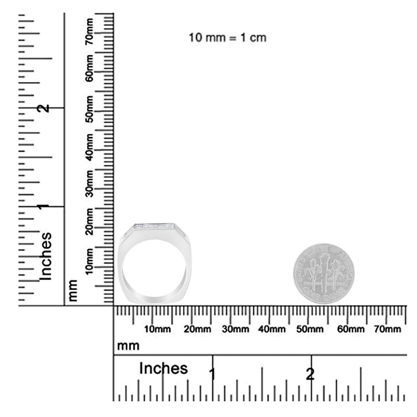 14KT white gold diamond ring with princess and baguette cut diamonds, 1 3/4 carat weight, shown next to ruler and coin for size reference