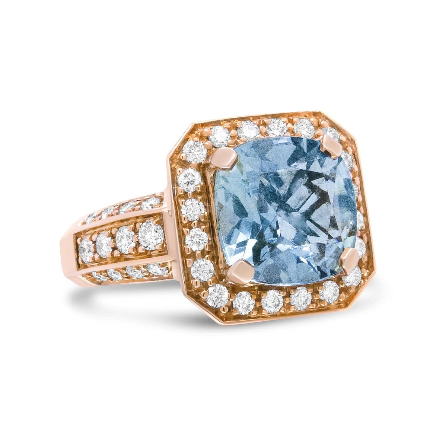 18K Rose Gold 10x10mm Cushion Shaped Aquamarine and 1 1/8 Cttw Round Diamond Halo Ring (F-G Color, VS1-VS2 Clarity) - The Sparkling Squirrels & Co.