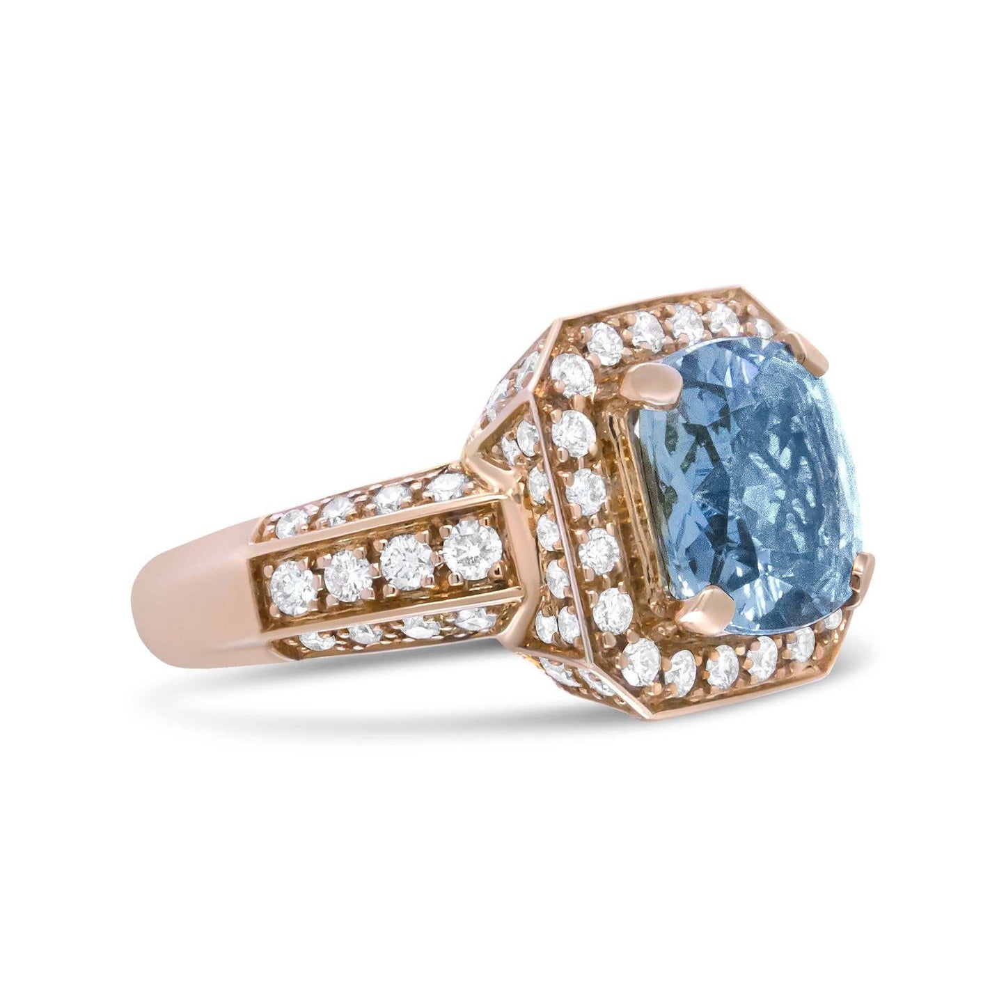 18K Rose Gold 10x10mm Cushion Shaped Aquamarine and 1 1/8 Cttw Round Diamond Halo Ring (F-G Color, VS1-VS2 Clarity) - The Sparkling Squirrels & Co.