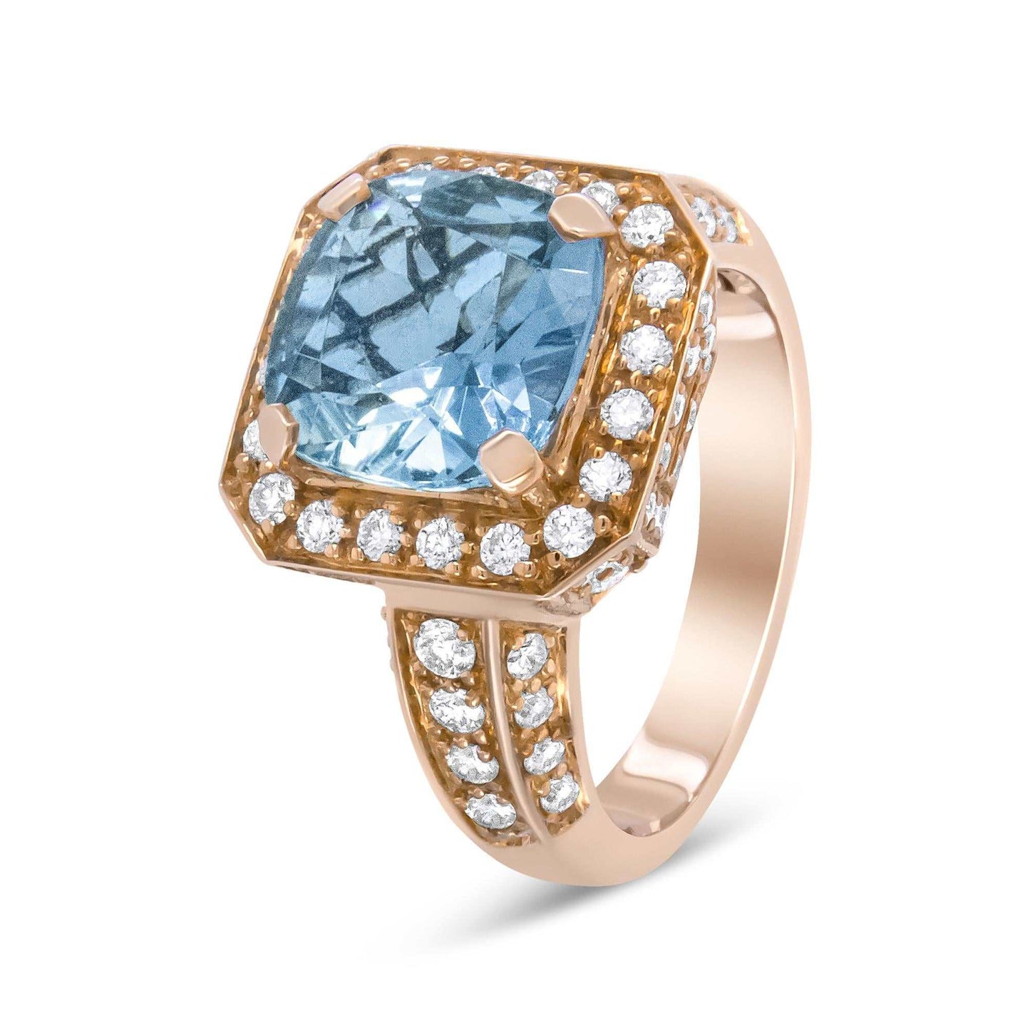 18K Rose Gold 10x10mm Cushion Shaped Aquamarine and 1 1/8 Cttw Round Diamond Halo Ring (F-G Color, VS1-VS2 Clarity) - The Sparkling Squirrels & Co.