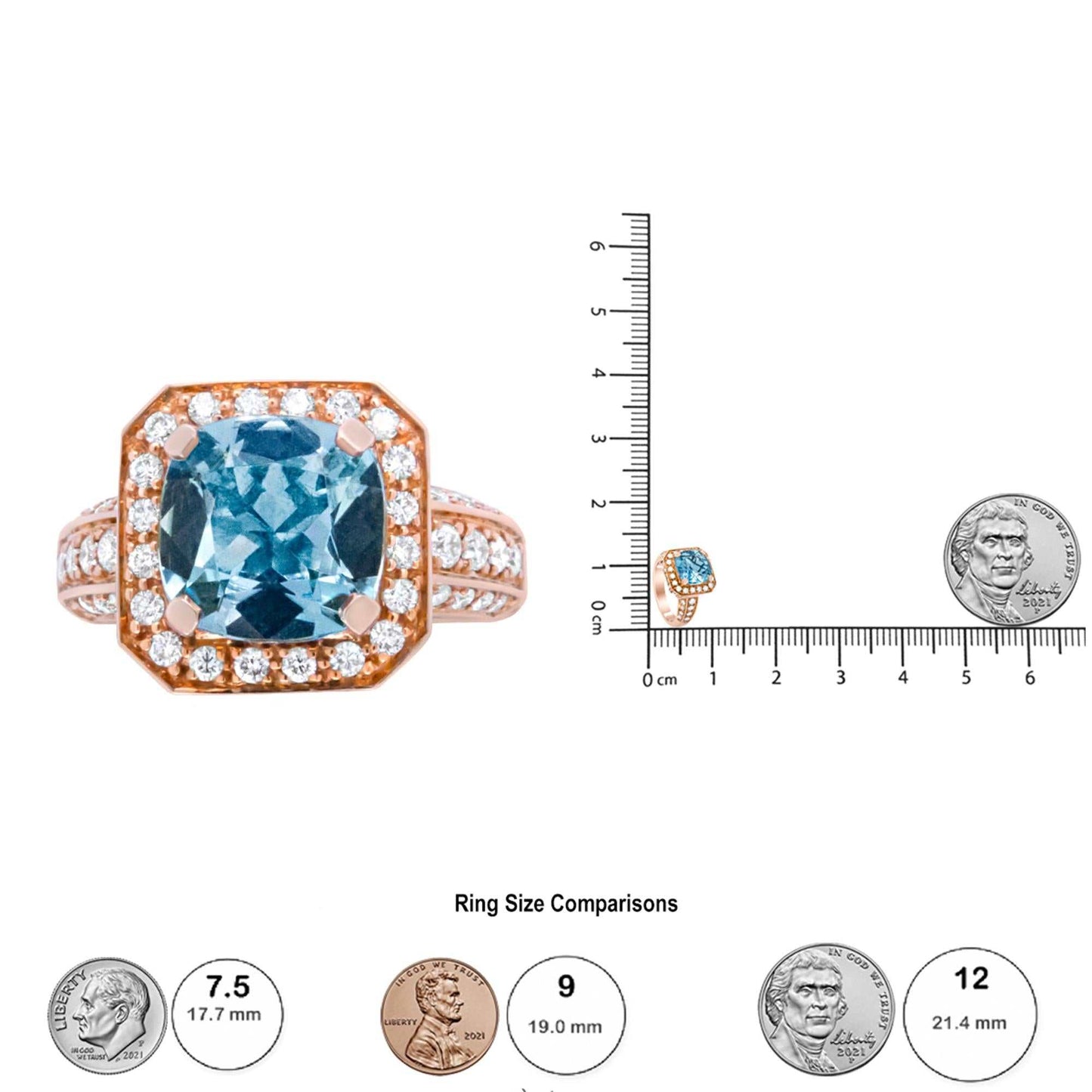 18K Rose Gold 10x10mm Cushion Shaped Aquamarine and 1 1/8 Cttw Round Diamond Halo Ring (F-G Color, VS1-VS2 Clarity) - The Sparkling Squirrels & Co.