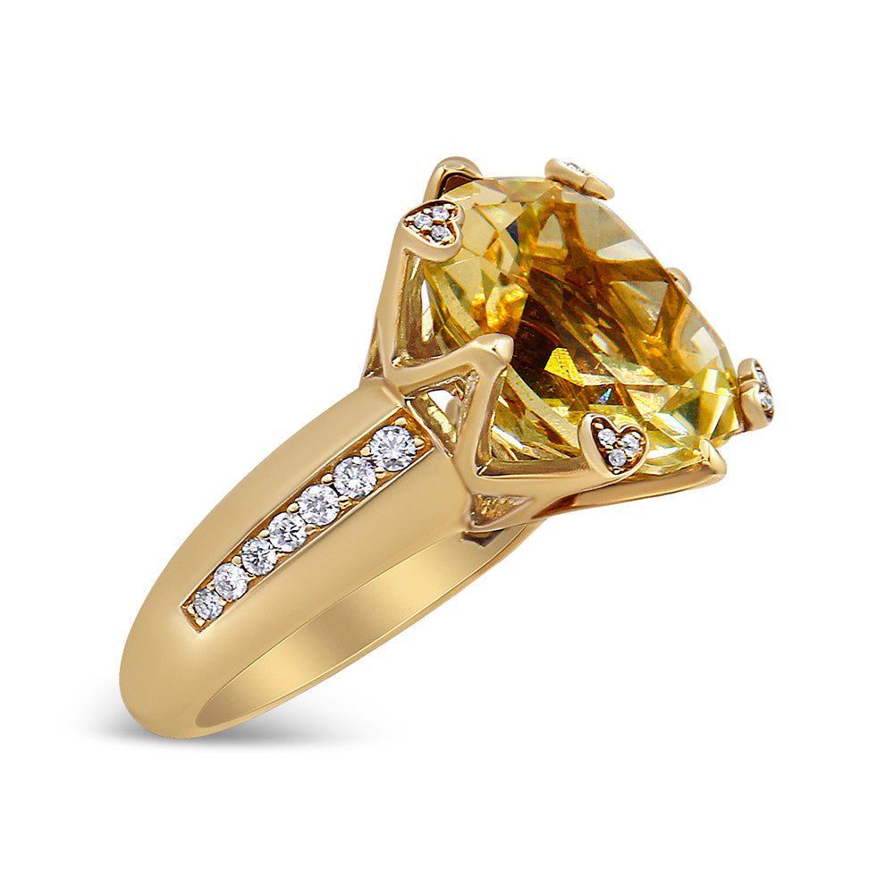 18K yellow gold diamond accented cocktail ring with cushion-cut lemon quartz and heart-shaped diamond prongs
