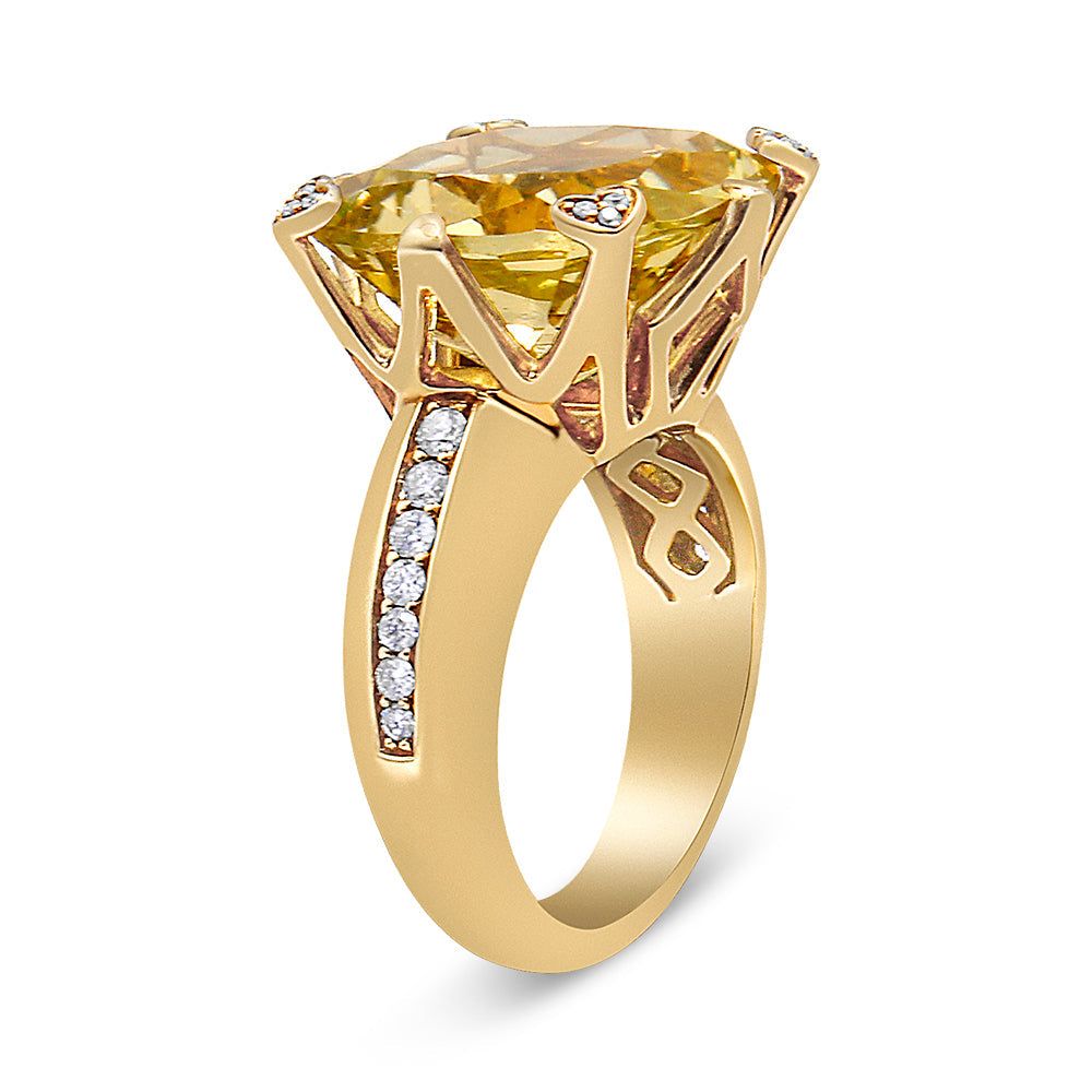 18K yellow gold diamond accented cocktail ring with cushion-cut lemon quartz and prong-set white diamonds