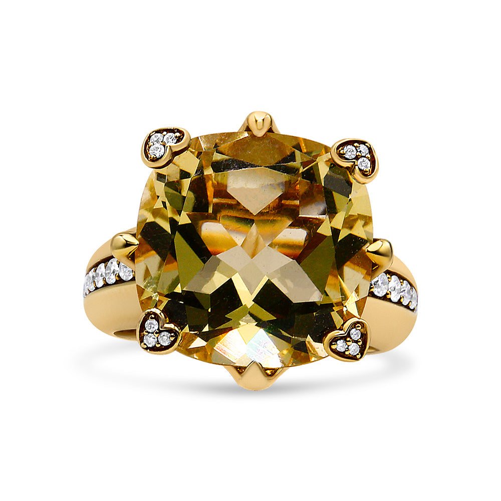 18K yellow gold diamond accented cocktail ring with cushion-cut lemon quartz centerpiece and heart-shaped diamond prongs