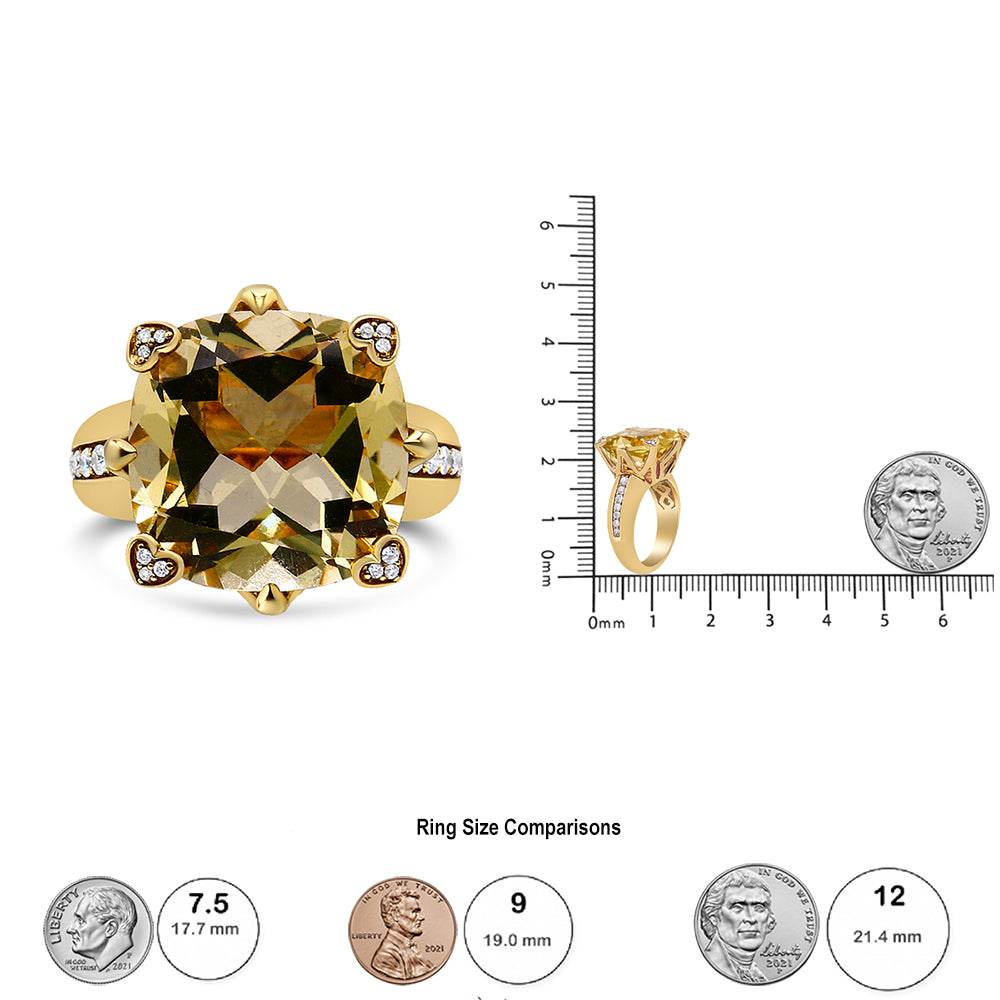 Diamond accented cocktail ring with 15mm cushion-cut lemon quartz and white diamonds set in 18K yellow gold.