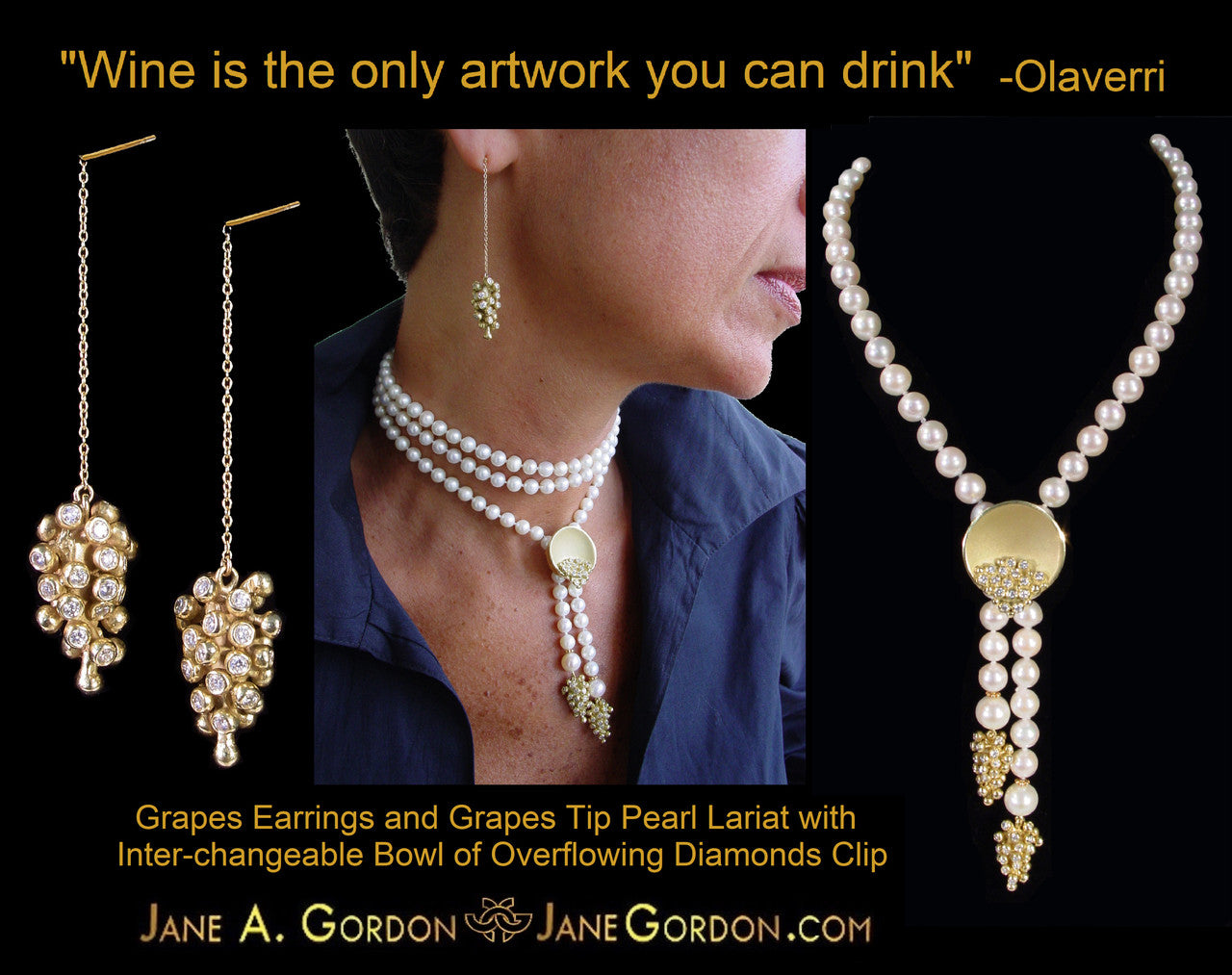 Grapes Necklace-18K Gold with Diamonds, Lariat Style on Hand-made Chain-17