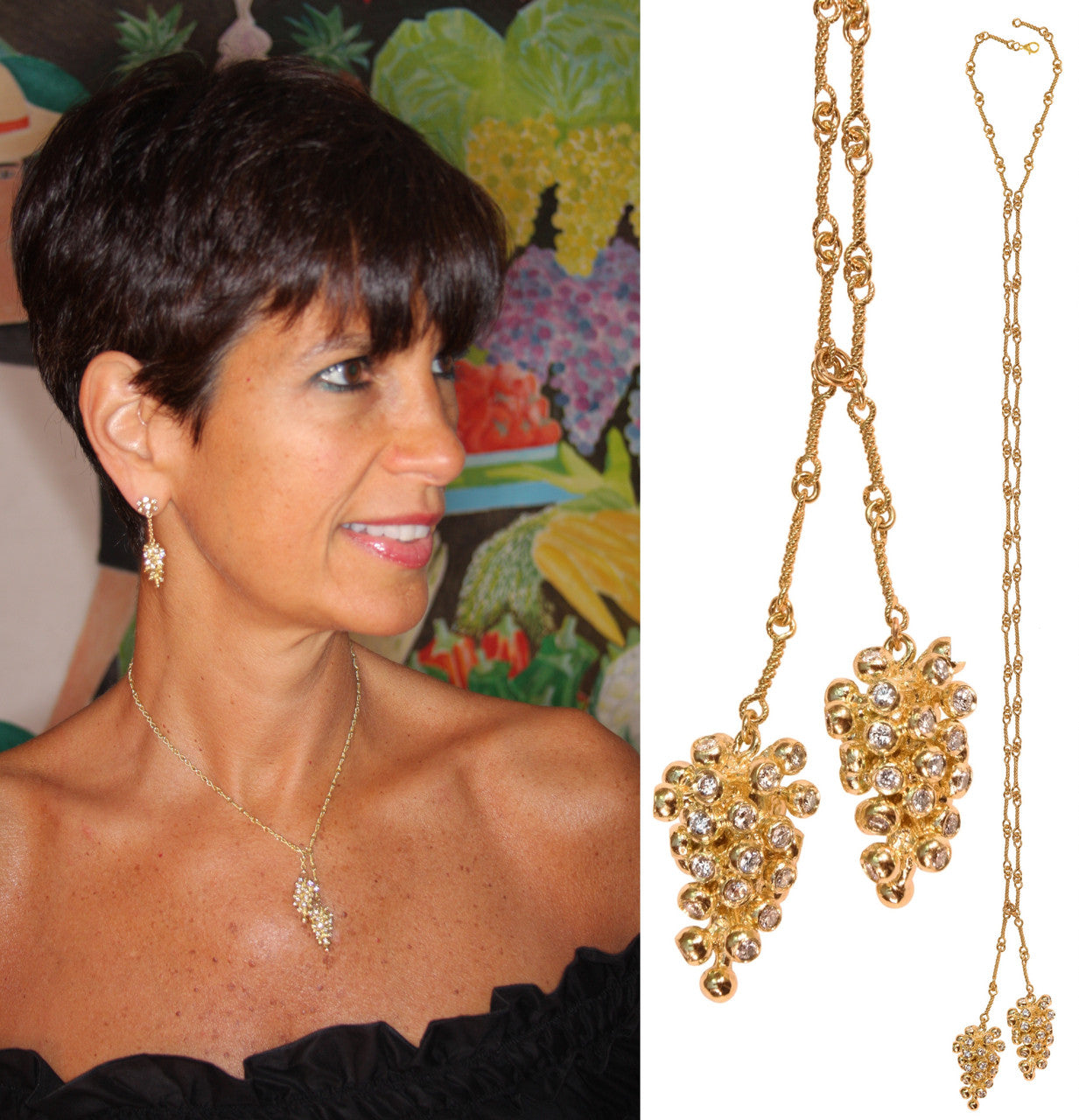 Grapes Necklace-18K Gold with Diamonds, Lariat Style on Hand-made Chain-0