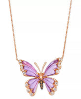 14K rose gold butterfly pendant necklace with grape amethyst and diamond accents on adjustable chain