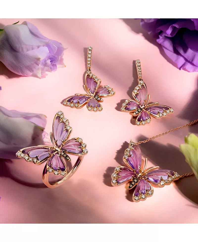 Exquisite Grape Amethyst & Diamond Butterfly Pendant Necklace in 14K Rose Gold – 18" + 2" Extender