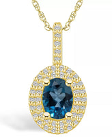 14K yellow gold pendant necklace with 8x6mm oval London blue topaz and diamond halo on 18-inch rope chain