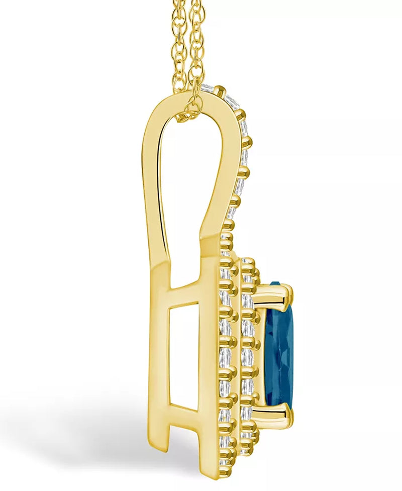 London Blue Topaz (1-5/8 Ct. T.W.) and Diamond (1/2 Ct. T.W.) Halo Pendant Necklace in 14K Yellow Gold