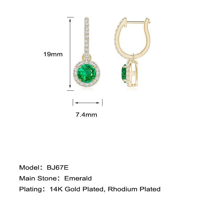 Emerald Radiance Halo Drop Earrings with 14K gold plating, featuring vibrant emerald center stones surrounded by cubic zirconia halos, measuring 19mm by 7.4mm.