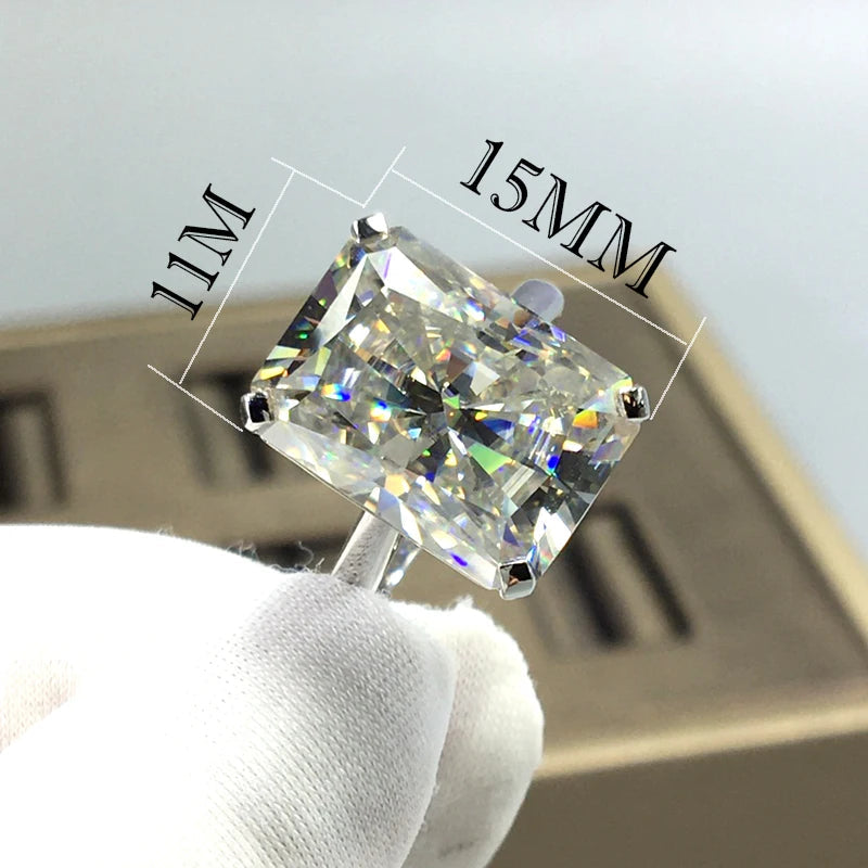 Solid 18K AU750 white gold ring with a 10-carat rectangular moissanite gemstone measuring 15mm by 11mm, showcasing exceptional brilliance and clarity.