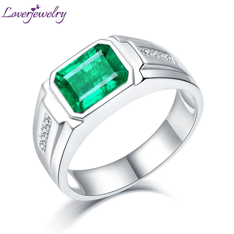 Solid 18k white gold men's ring with natural emerald center stone and diamond accents for engagement or eternity gift