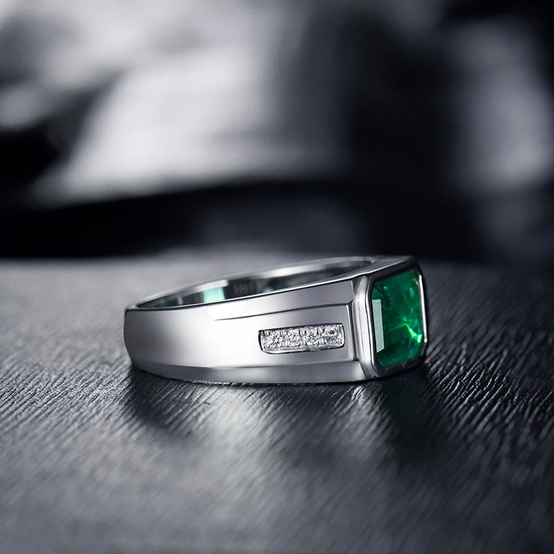 Solid 18k white gold men's ring with natural emerald and diamond accents