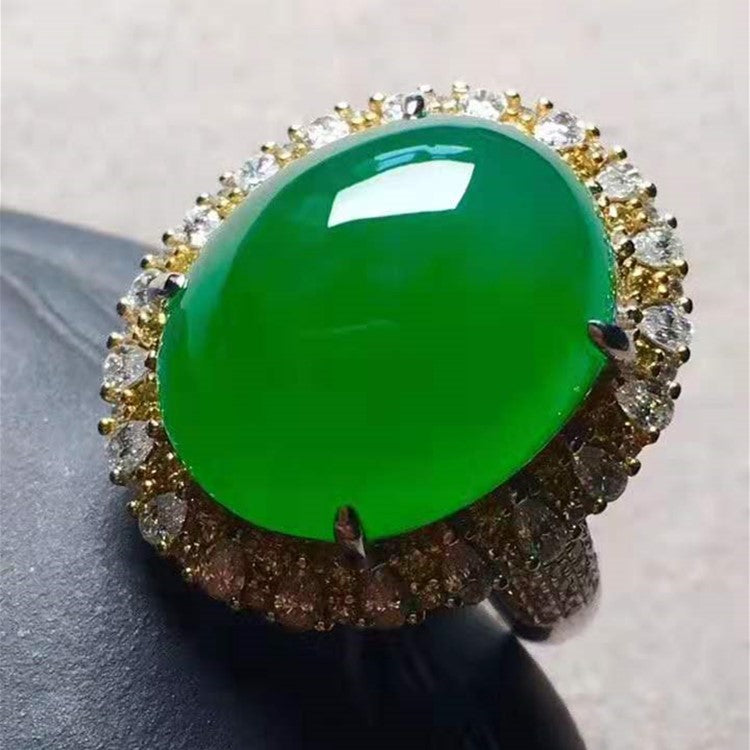 Luxury Big Jade Gemstone Jewelry Ring With Diamond 18k Gold 16.9x13.5x9mm Natural Green Jadeite Ring - The Sparkling Squirrels