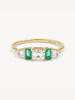 14k yellow gold Hall of Emerald Ring with Asscher-cut diamond and rectangular emeralds