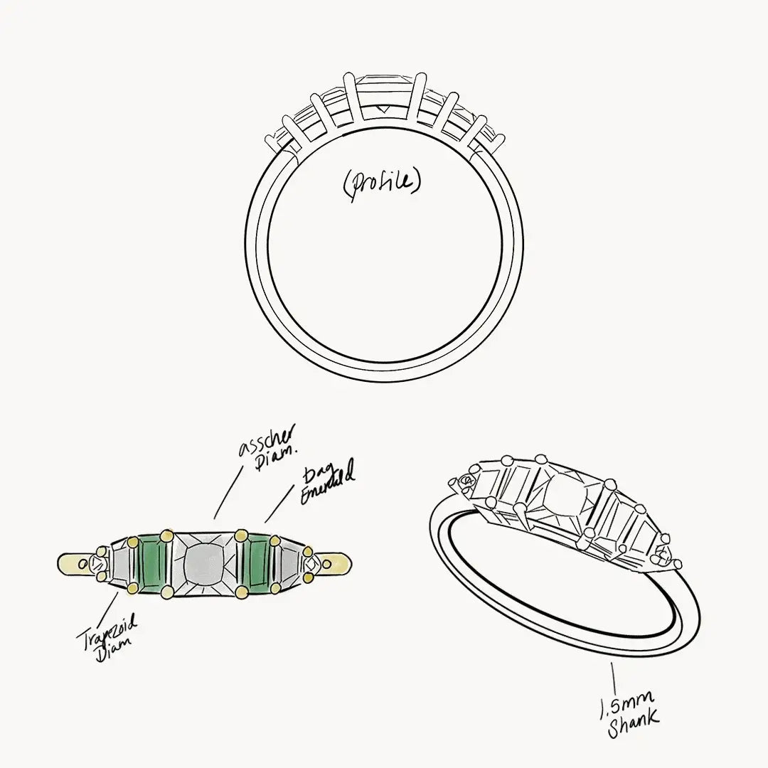 14k yellow gold Hall of Emerald Ring with Asscher-cut diamond center and rectangular natural emeralds on a 1.5mm shank