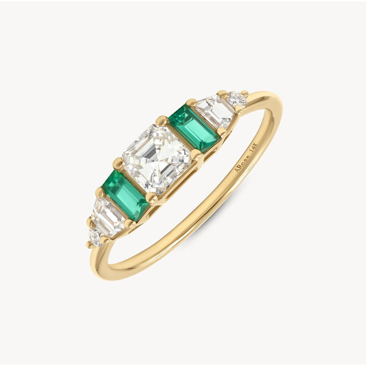 14k yellow gold Hall of Emerald Ring with Asscher-cut diamond center and rectangular emeralds on each side