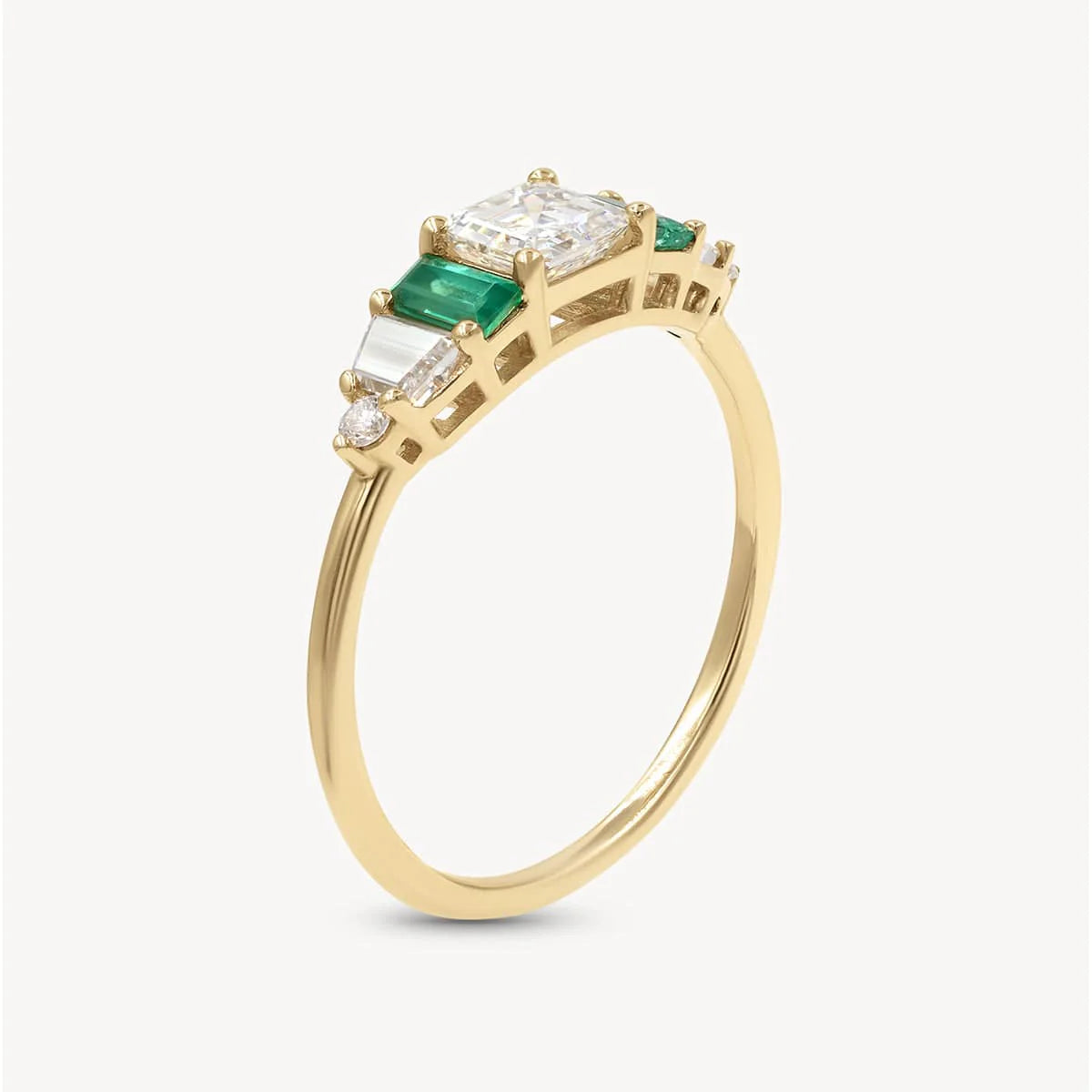 14k yellow gold Hall of Emerald Ring with Asscher-cut diamond center and rectangular emerald accents