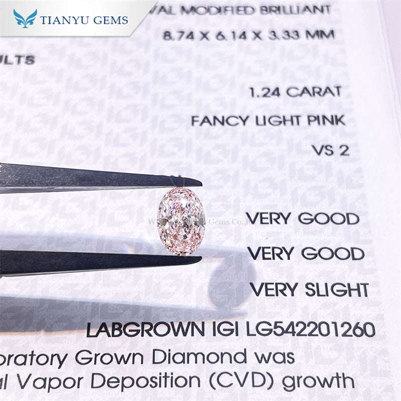 Lab grown cherry pink pear oval diamond weighing 1.24 carats with very good clarity and cut grading