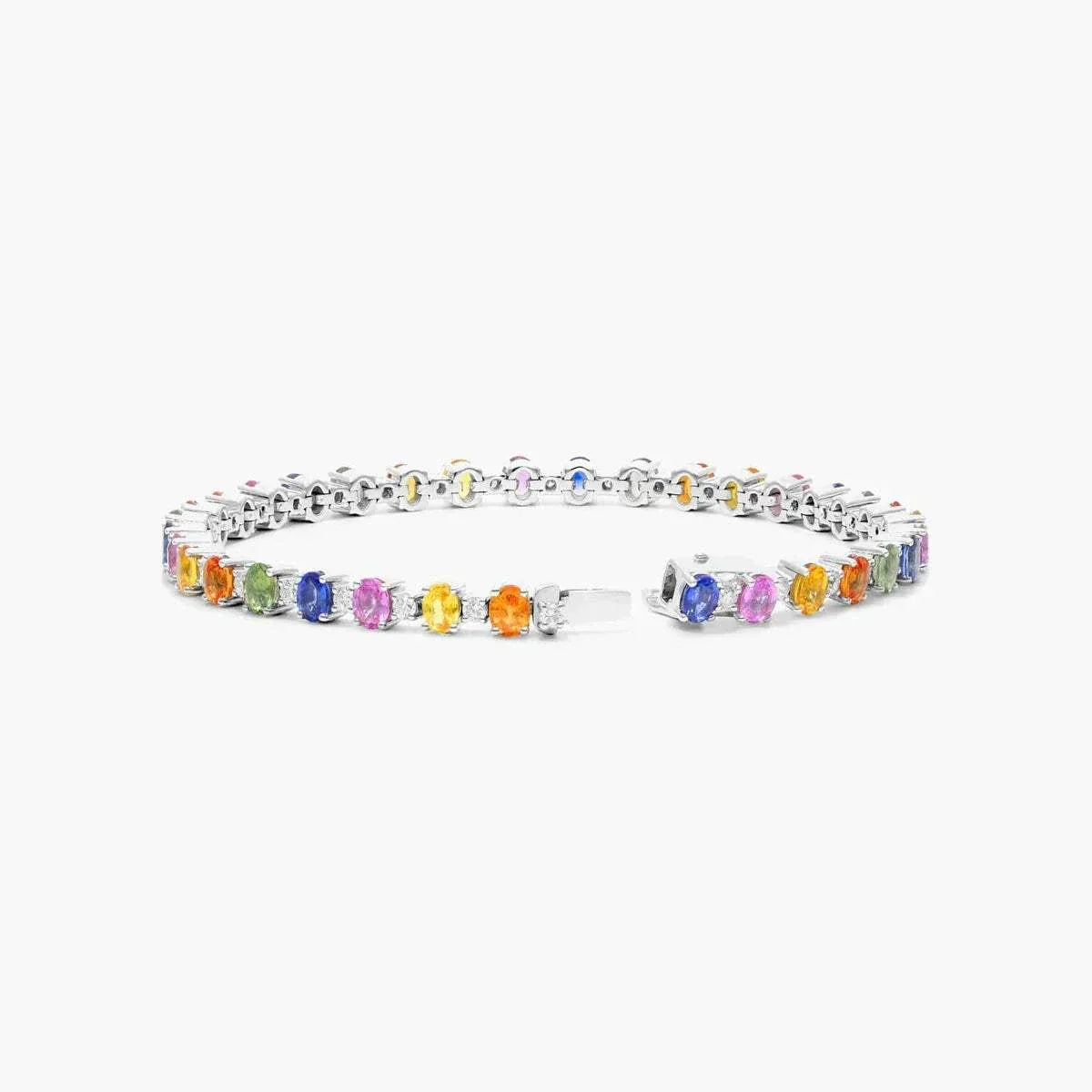 Silver tennis bracelet with multicolored gemstones inspired by the Bracelet of the Emerald Guardians