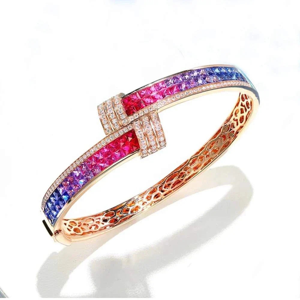 LaiZuan solid 18K yellow gold bracelet with rainbow natural diamonds and colorful gemstones for weddings and anniversaries