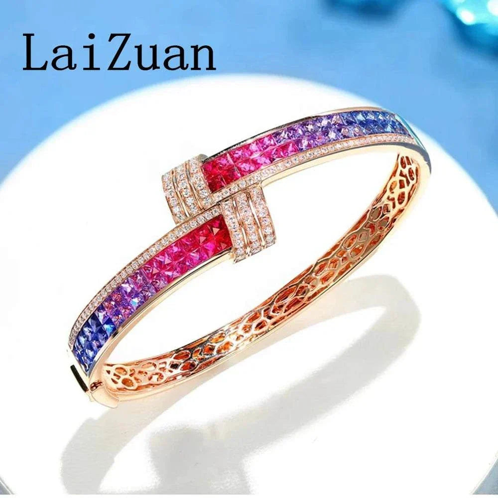 LaiZuan solid 18K yellow gold bracelet with rainbow colorful gemstones and natural diamonds