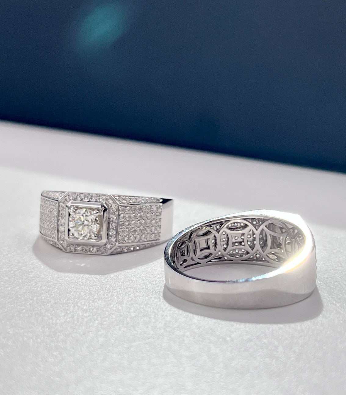 Elegant paved bling wedding men rings with sparkling stones and intricate design for engagement and bridal wear