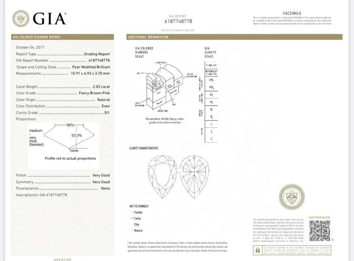 GIA certificate for The Emberheart Covenant 2.03CT fancy brown pink pear-shaped diamond ring with very good polish and symmetry