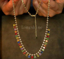 18K gold yellow color chain necklace with multicolor gemstone accents and adjustable length clasp